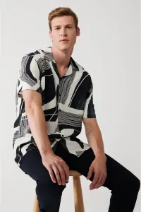 Avva Men's Beige Viscose Cuban Collar Abstract Patterned Short Sleeve Regular Fit Shirt