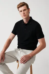 Avva Men's Black 100% Cotton 3 Button Polo Neck Ribbed Standard Fit Regular Cut T-shirt