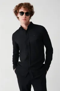 Avva Men's Black Button Collar Textured Cotton Slim Fit Slim Fit Shirt
