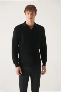 Avva Men's Black Polo Collar Houndstooth Patterned Cotton Regular Fit Knitwear Sweater