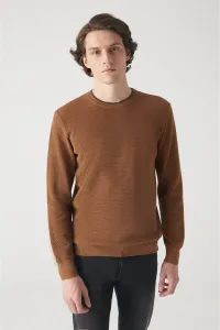 Avva Men's Camel Double Collar Detailed Textured Cotton Regular Fit Knitwear Sweater