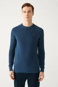 Avva Men's Indigo Crew Neck Jacquard Slim Fit Slim Fit Knitwear Sweater #9210210