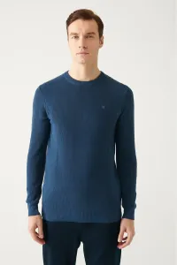 Avva Men's Indigo Crew Neck Jacquard Slim Fit Slim Fit Knitwear Sweater #9162415