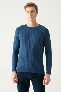 Avva Men's Indigo Crew Neck Jacquard Slim Fit Slim Fit Knitwear Sweater #9162729