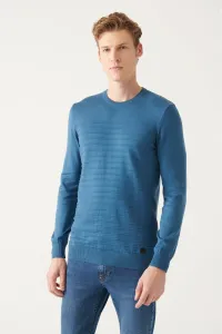 Avva Men's Indigo Crew Neck Knit Detail Cotton Regular Fit Knitwear Sweater