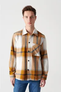 Avva Men's Mustard Plaid Classic Collar Overshirt Pocket Snap Fastener Jacket Coat