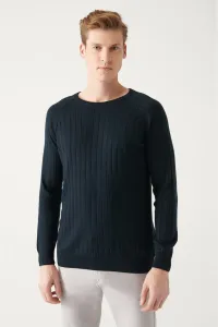 Avva Men's Navy Blue Crew Neck Jacquard Slim Fit Slim Fit Knitwear Sweater