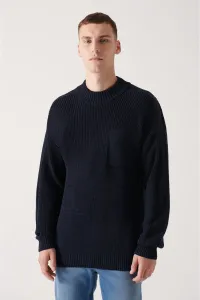 Avva Men's Navy Blue Crew Neck Pocket Detailed Cotton Loose Comfort Fit Relaxed Cut Knitwear Sweater