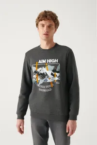 Avva Men's Anthracite Crew Neck 3 Thread Fleece Printed Regular Fit Sweatshirt