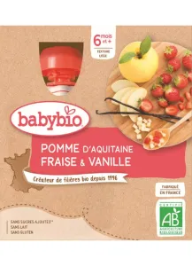 BabyBIO Jablko jahoda vanilka ovocný príkrm (od ukonč. 6. mesiaca) 4x90 g