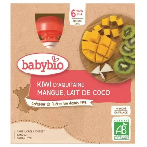 BABYBIO Pyré kiwi, mango, kokosové mlieko (4x 90 g) - ovocný príkrm