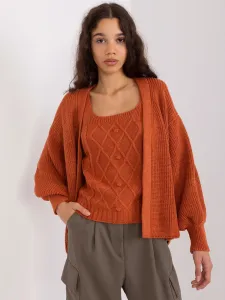 Tmavo-oranžový pletený krátky kardigán s pleteným tielkom - UNI