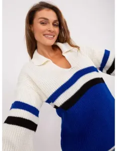 Dámsky oversize sveter s golierom ALESSIA ecru-cobalt