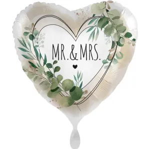 Balónik fóliový srdce Mr&Mrs Listy 43 cm