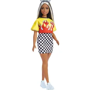 Barbie modelka 30 cm Ohnivé tričko a kockovaná sukňa