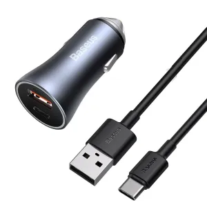 Autonabíjačka Baseus Golden Contactor Pro, USB + USB-C, QC4.0+, PD, SCP, 40W (sivá) + kábel USB do USB-C 1m (čierna)