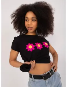 Dámske tričko s kvetinovou výšivkou BASIC FEEL GOOD čierne