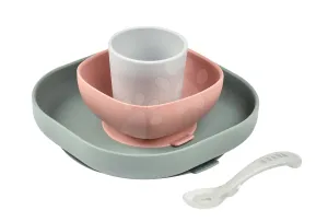 Jedálenská súprava Beaba Silicone meal set zo silikónu 4 dielna ružovo-béžovo-šedá pre bábätká