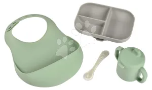 Jedálenská súprava Silicone Meal Essentials Set Beaba s hrnčekom a tanierom s lyžičkou a podbradník zeleno-sivá od 8 mes