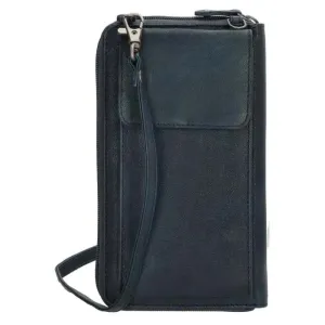 Tmavomodrá kožená kabelka na mobil + peňaženka 2v1 „Dayana“