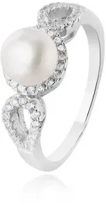 Beneto Strieborný prsteň s kryštálmi a pravou perlou AGG205 58 mm