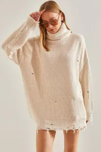 Bianco Lucci Women's Ripped Patterned Turtleneck Knitwear Sweater