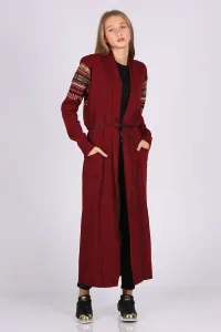 Bigdart 15725 Belt, Patterned Long Knitwear Cardigan - Claret Red