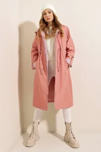 Bigdart 9091 Hooded Trench Coat with Pleated Waist - Pink