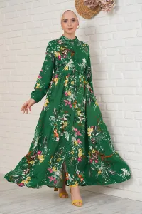 Bigdart 2144 Zelené vzorované hidžábové šaty s veľkým golierom