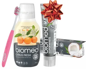 Vianočný balíček Biomed Superwhite zubná pasta 100g & Citrus Fresh ústna voda 250ml s kefkou naviac 3ks