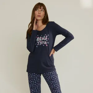 Pyžamové tričko s dlhými rukávmi a stredovou potlačou 