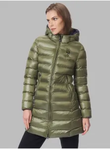 Fialovo-zelená dámská prošívaná prodloužená zimní bunda s kapucí Blauer #4724949