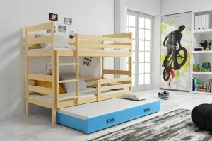 BMS Detská poschodová posteľ s prístelkou ERYK 3 | borovica Farba: Borovica / modrá, Rozmer.: 200 x 90 cm #8008750