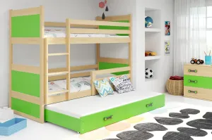 BMS Detská poschodová posteľ s prístelkou RICO 3 | borovica 90 x 200 cm Farba: Zelená #8031081