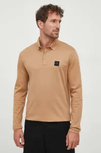 Bavlnené tričko s dlhým rukávom BOSS béžová farba, jednofarebné #8741715