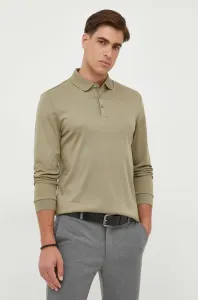 Bavlnené tričko s dlhým rukávom BOSS zelená farba, jednofarebný