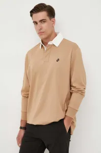 Tričko s dlhým rukávom BOSS pánsky, béžová farba, jednofarebný