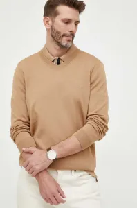 Vlnený sveter BOSS pánsky, béžová farba, tenký #8733393