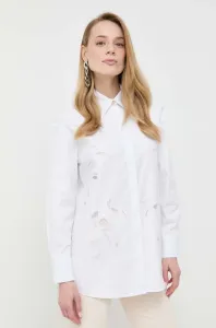 Košeľa BOSS dámska, biela farba, voľný strih, s klasickým golierom
