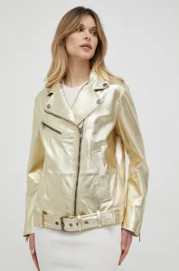 Kožená bunda BOSS dámska, zlatá farba, prechodná, oversize #8589132
