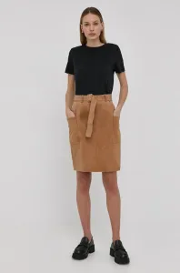 Kožená sukňa BOSS béžová farba, mini, rovný strih #209413