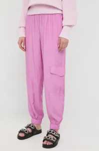 Nohavice BOSS dámske, fialová farba, strih cargo, vysoký pás