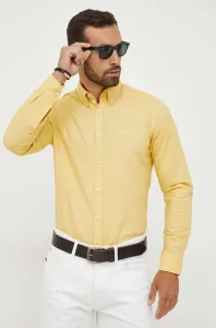 Bavlnená košeľa BOSS BOSS ORANGE pánska, žltá farba, regular, s talianskym golierom #8701694
