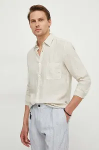 Ľanová košeľa BOSS BOSS ORANGE béžová farba, regular, s klasickým golierom