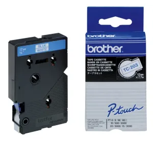 Brother TC-203, 12mm x 7,7m, modrá tlač / biely podklad, originálna páska