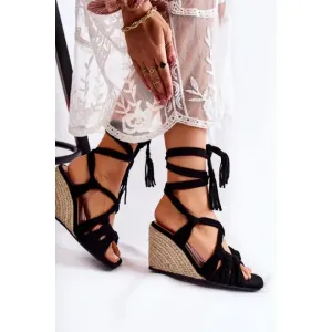 Čierne dámske viazané sandále na podpätku
