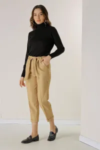 By Saygı Elastic Waist Belted Wool Effect Double Cuff Trousers with Side Pockets