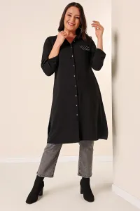 By Saygı Front Buttoned Three Quarter Sleeve Pearl Detailed Plus Size Ayrobin Long Tunic