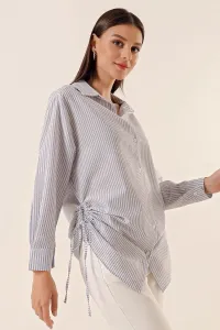 By Saygı Longitudinal Stripe with Drawstrings at the side seersucker Tunic Shirt Blue