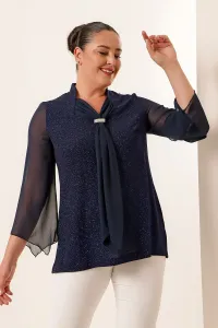 By Saygı Navy Blue Plus Size Blouse with a Scarf on the Collar and Glittery Glitter